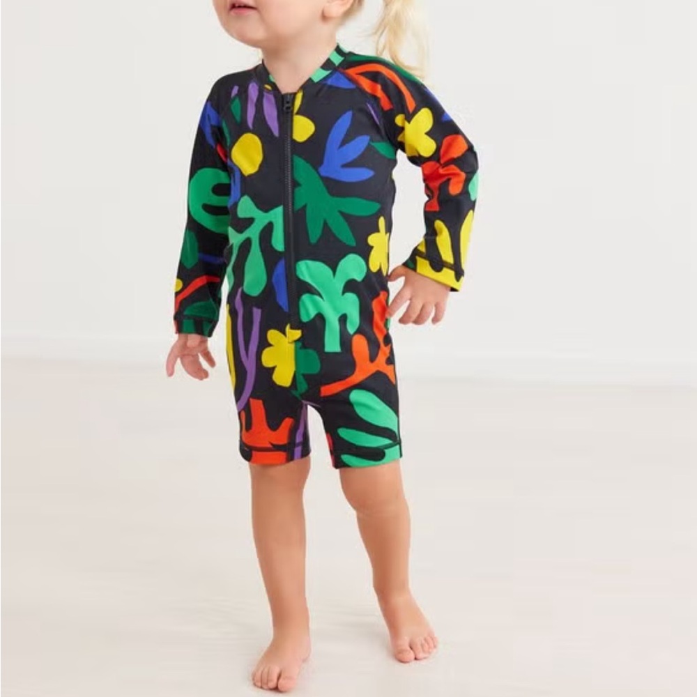 Hanna Andersson Rash Guard Swim Suit Zip Up Unisex Tropical Leaves Sz 3-6 Months - Picture 2 of 4